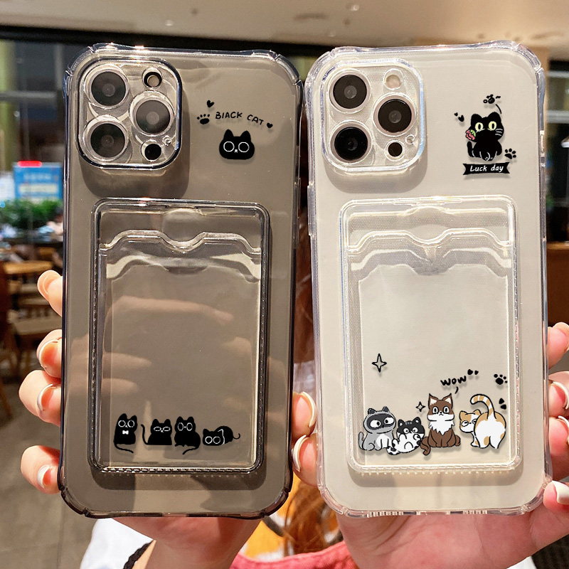 Cute Black Cat Phone Case For  - Place Card Holder 评论和价格